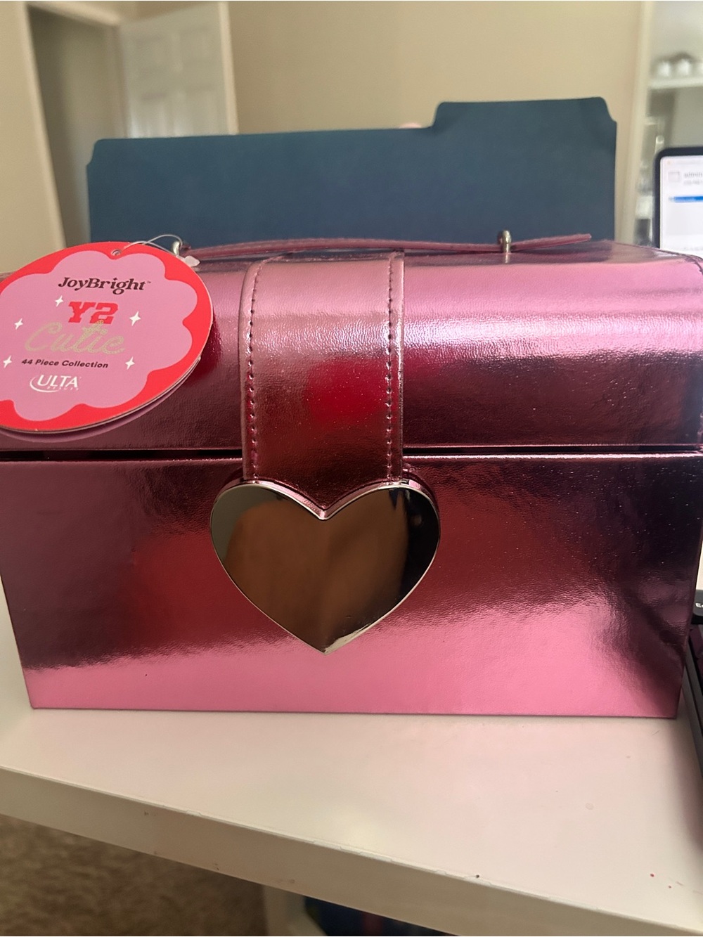 Ulta Metallic Pink Heart-Accent Women’s train box with 44 pieces of makeup